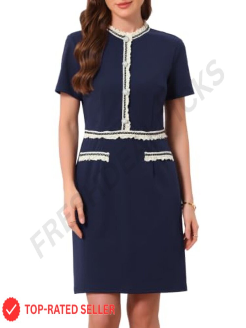 Women Short Sleeve Pearls Decor Business Work Sheath Dress